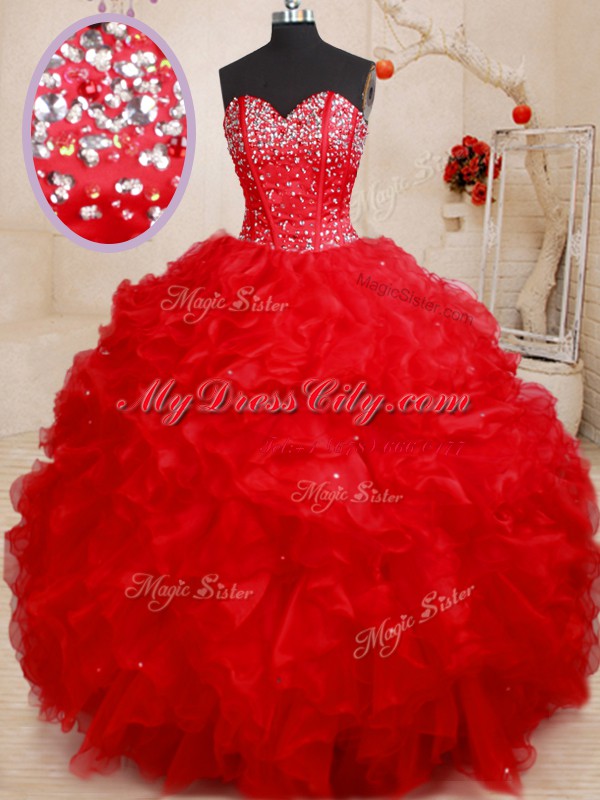 Free and Easy Beading and Ruffles Quince Ball Gowns Red Lace Up Sleeveless Floor Length