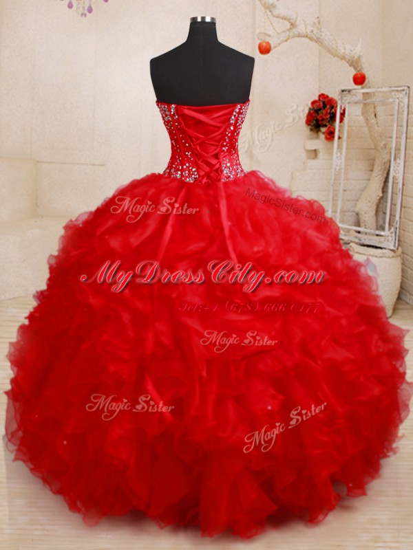 Free and Easy Beading and Ruffles Quince Ball Gowns Red Lace Up Sleeveless Floor Length