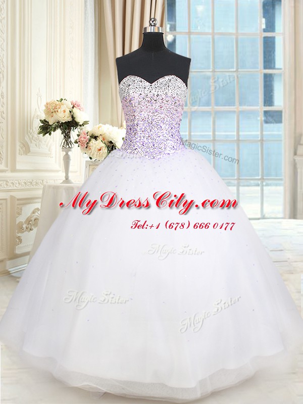 White Tulle Lace Up Quince Ball Gowns Sleeveless Floor Length Beading