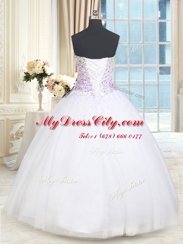 White Tulle Lace Up Quince Ball Gowns Sleeveless Floor Length Beading