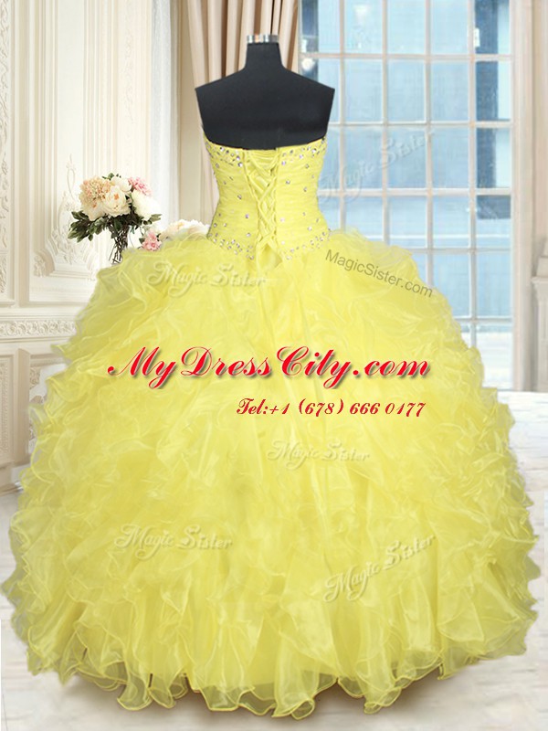 Fantastic Sleeveless Organza Floor Length Lace Up Quinceanera Dress in Yellow with Beading and Ruffles