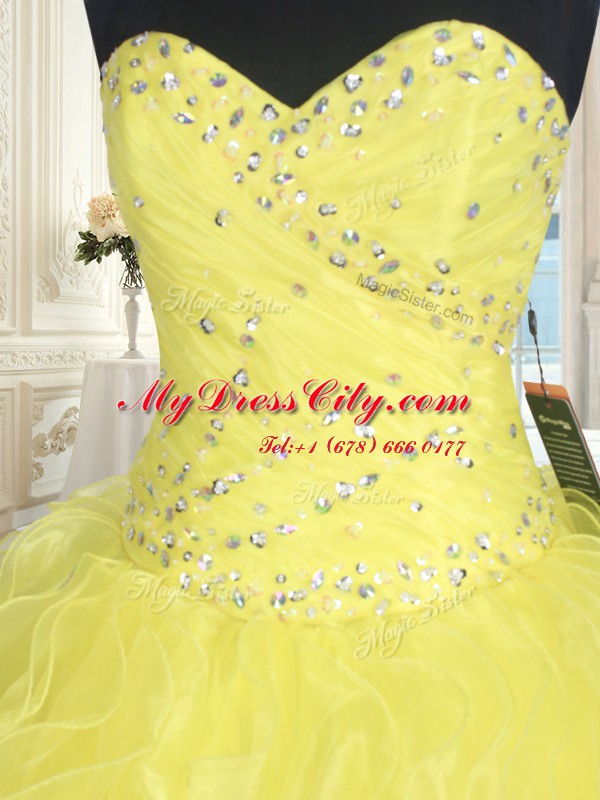 Fantastic Sleeveless Organza Floor Length Lace Up Quinceanera Dress in Yellow with Beading and Ruffles