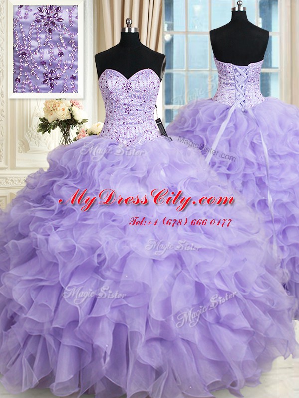 Organza Sweetheart Sleeveless Lace Up Beading and Ruffles Quinceanera Gown in Lavender