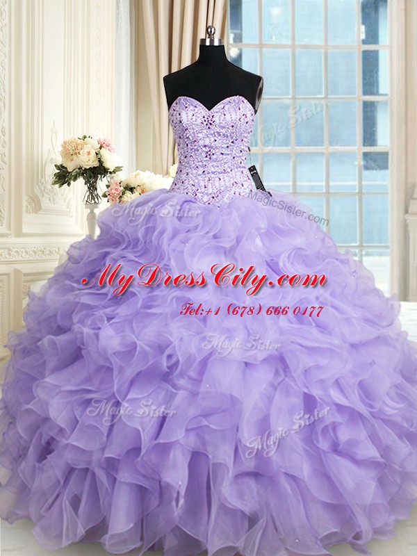 Organza Sweetheart Sleeveless Lace Up Beading and Ruffles Quinceanera Gown in Lavender