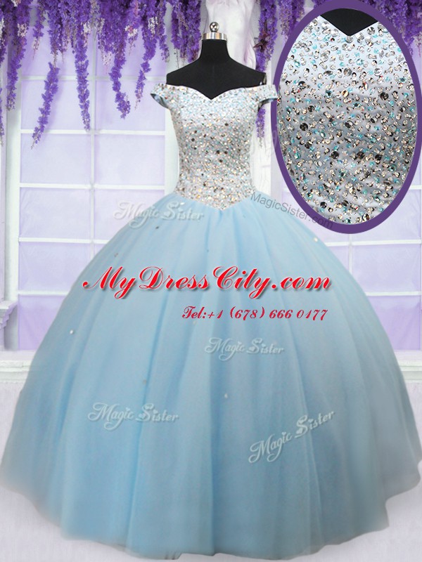 Off the Shoulder Sleeveless Tulle Floor Length Lace Up 15 Quinceanera Dress in Light Blue with Beading