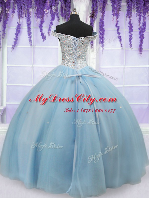 Off the Shoulder Sleeveless Tulle Floor Length Lace Up 15 Quinceanera Dress in Light Blue with Beading