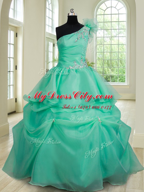 One Shoulder Sleeveless Organza Floor Length Lace Up Quince Ball Gowns in Turquoise with Beading and Hand Made Flower