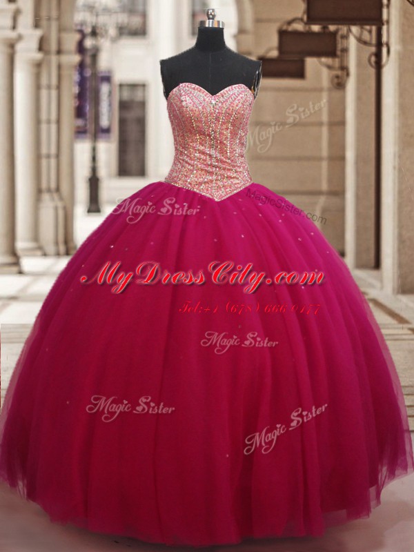 Customized Tulle Sweetheart Sleeveless Lace Up Beading Sweet 16 Dresses in Fuchsia