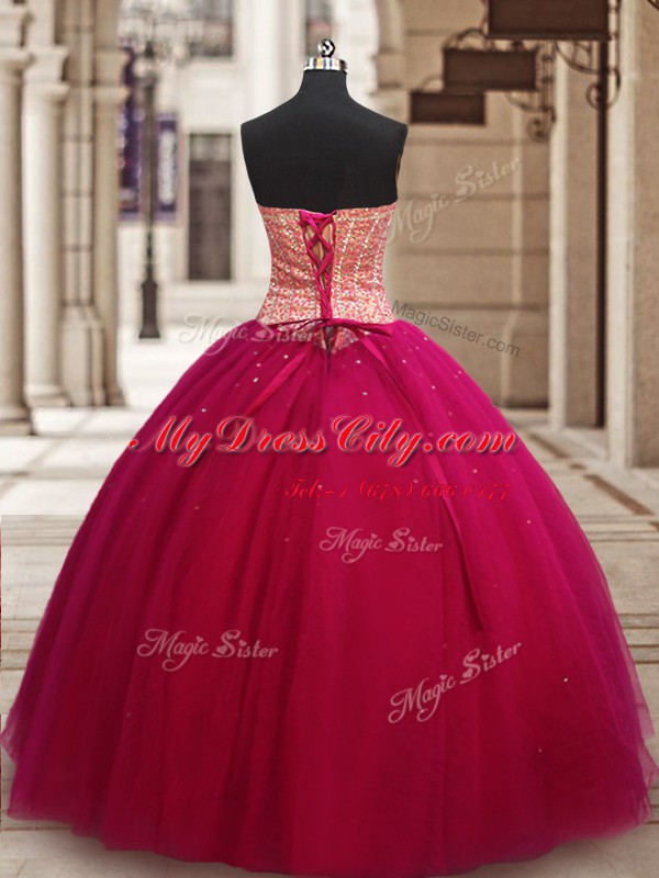 Customized Tulle Sweetheart Sleeveless Lace Up Beading Sweet 16 Dresses in Fuchsia