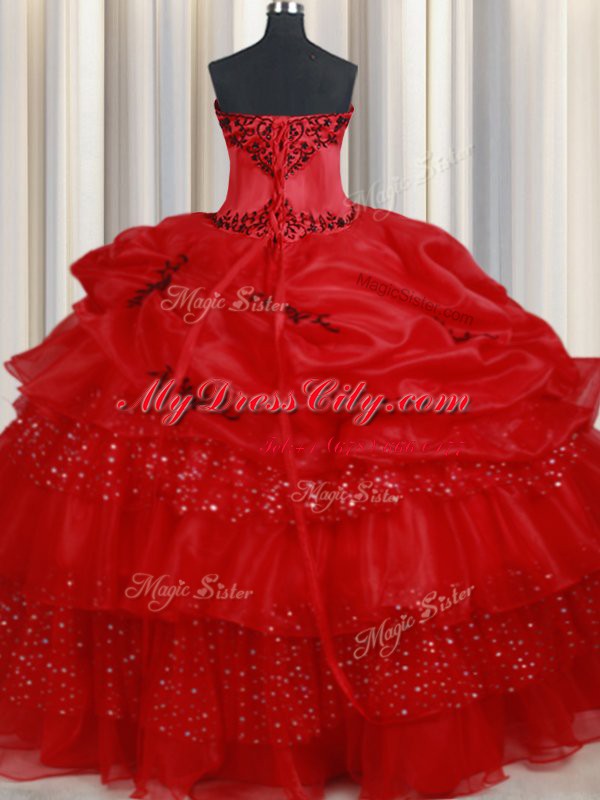 Vintage Red Ball Gowns Embroidery and Ruffled Layers and Sequins and Pick Ups 15th Birthday Dress Lace Up Organza Sleeveless Floor Length