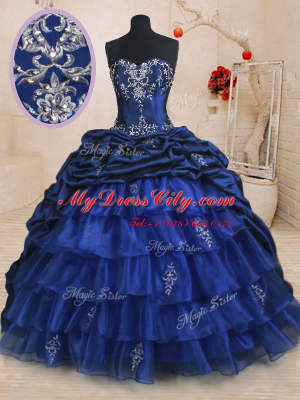 Charming Royal Blue Quinceanera Dresses Military Ball and Sweet 16 and Quinceanera and For with Beading and Ruffled Layers and Pick Ups Sweetheart Sleeveless Brush Train Lace Up