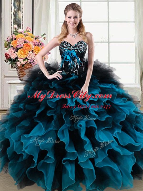 Black and Blue Quinceanera Gowns Military Ball and Sweet 16 and Quinceanera and For with Beading and Ruffles and Hand Made Flower Sweetheart Sleeveless Lace Up
