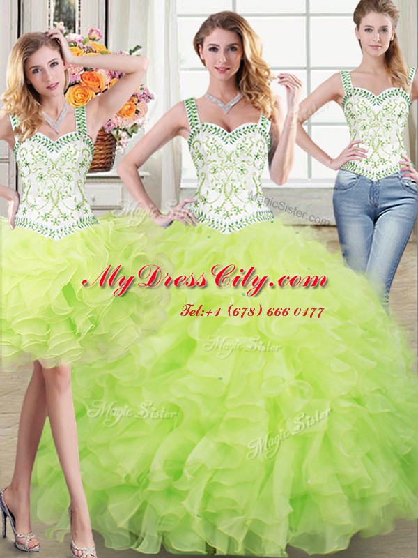 Three Piece Straps Yellow Green Lace Up Quinceanera Gowns Beading and Lace and Ruffles Sleeveless Floor Length