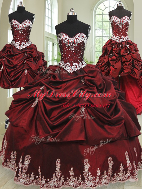 Comfortable Four Piece Wine Red Ball Gowns Taffeta Sweetheart Sleeveless Beading and Appliques and Pick Ups Floor Length Lace Up Quince Ball Gowns
