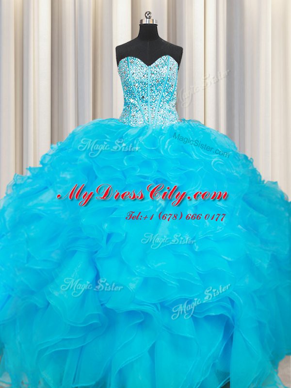 Baby Blue Organza Lace Up Quince Ball Gowns Sleeveless Floor Length Beading and Ruffles