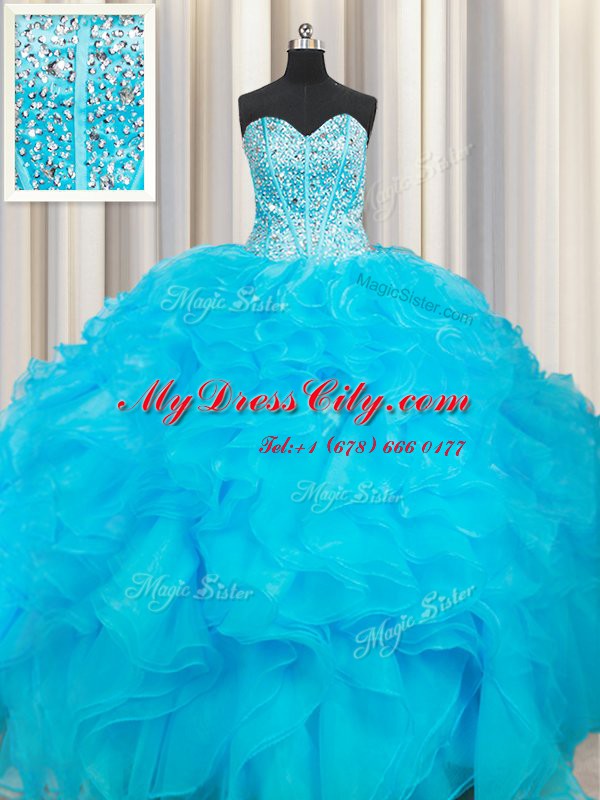 Baby Blue Organza Lace Up Quince Ball Gowns Sleeveless Floor Length Beading and Ruffles