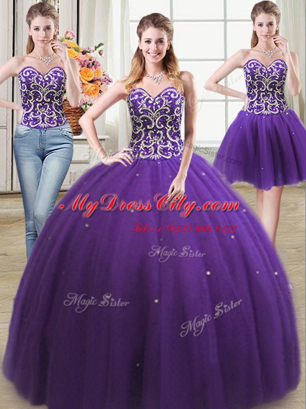 Fitting Three Piece Purple Ball Gowns Tulle Sweetheart Sleeveless Beading Floor Length Lace Up Quinceanera Gowns
