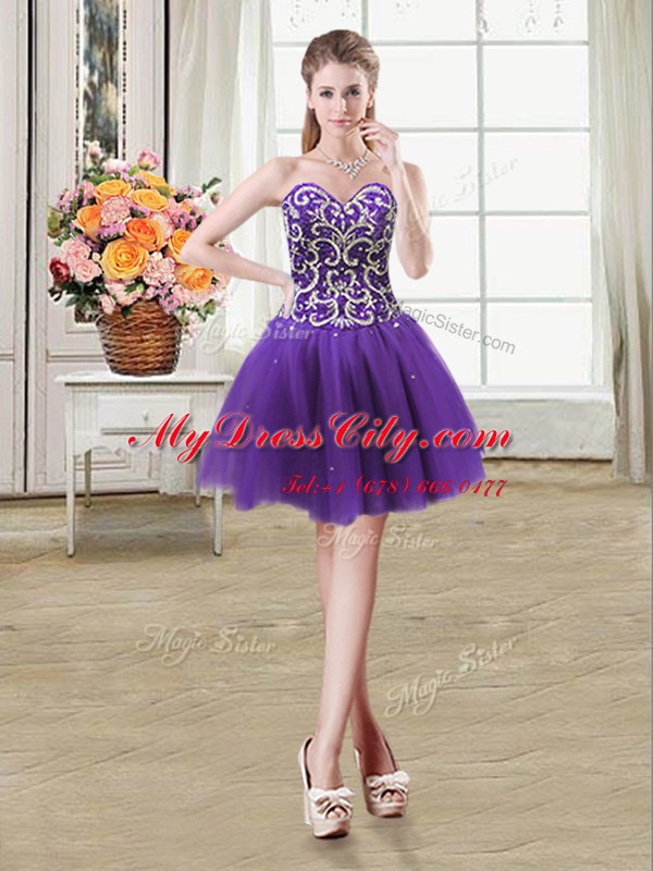 Fitting Three Piece Purple Ball Gowns Tulle Sweetheart Sleeveless Beading Floor Length Lace Up Quinceanera Gowns