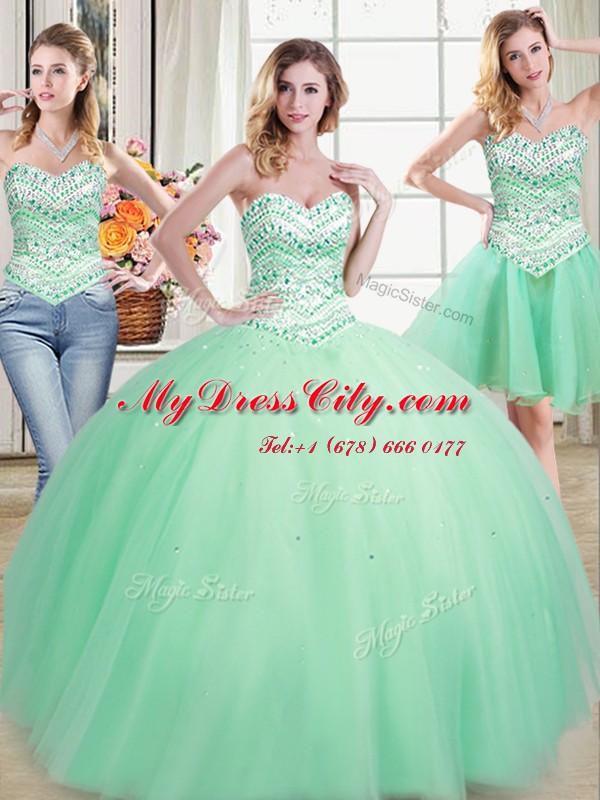 Stunning Three Piece Sleeveless Tulle Floor Length Lace Up Quince Ball Gowns in Apple Green with Beading