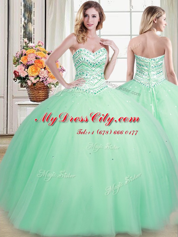 Stunning Three Piece Sleeveless Tulle Floor Length Lace Up Quince Ball Gowns in Apple Green with Beading