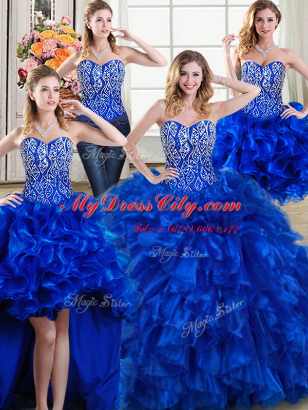 Fancy Four Piece Royal Blue Lace Up 15 Quinceanera Dress Beading and Ruffles Sleeveless Brush Train