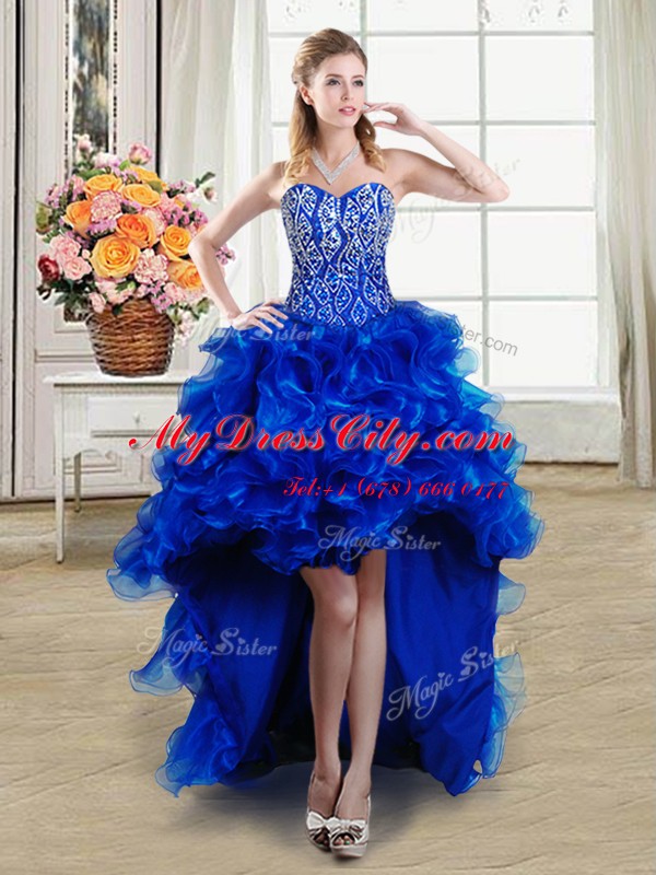 Fancy Four Piece Royal Blue Lace Up 15 Quinceanera Dress Beading and Ruffles Sleeveless Brush Train