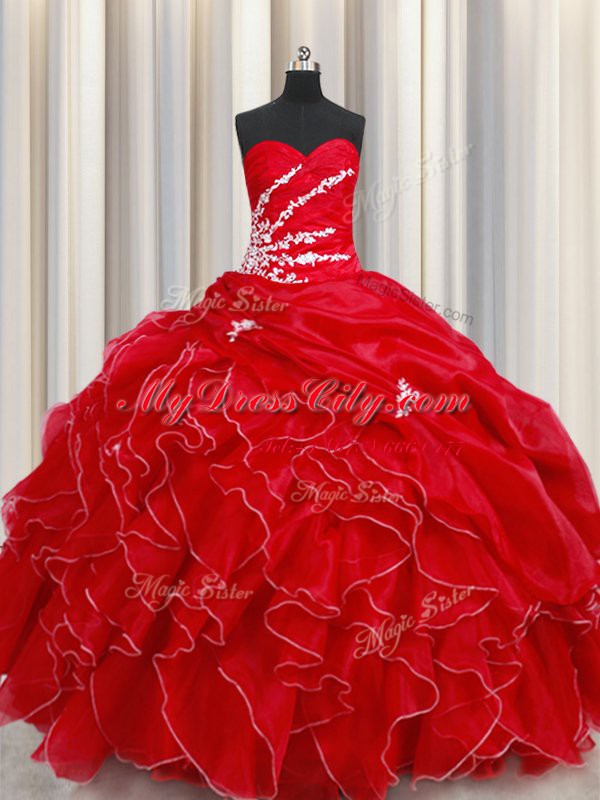 Luxurious Red Sleeveless Floor Length Beading and Ruffles and Pick Ups Lace Up Ball Gown Prom Dress
