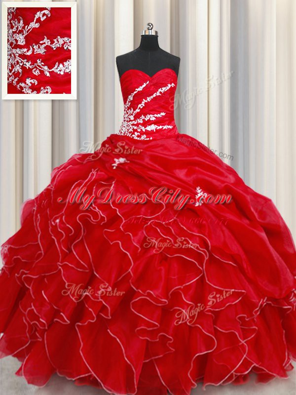 Luxurious Red Sleeveless Floor Length Beading and Ruffles and Pick Ups Lace Up Ball Gown Prom Dress