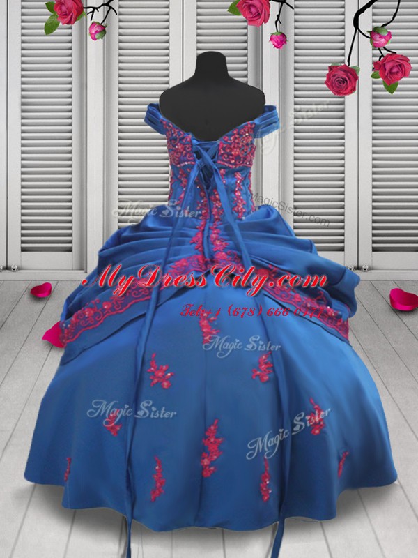 Off the Shoulder Sleeveless Taffeta Floor Length Lace Up Kids Formal Wear in Blue with Beading and Appliques and Pick Ups