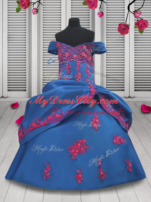 Off the Shoulder Sleeveless Taffeta Floor Length Lace Up Kids Formal Wear in Blue with Beading and Appliques and Pick Ups