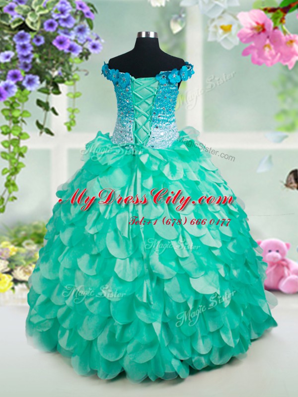Off The Shoulder Sleeveless Little Girl Pageant Gowns Floor Length Beading and Appliques and Ruffles Turquoise Organza