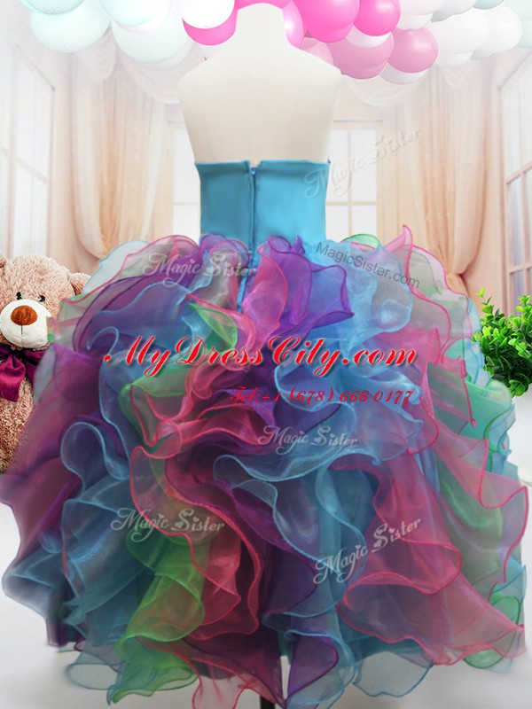 Multi-color Ball Gowns Strapless Sleeveless Organza Floor Length Zipper Beading and Ruffles Pageant Dress for Womens
