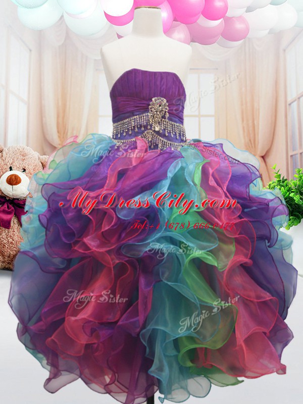 Multi-color Ball Gowns Strapless Sleeveless Organza Floor Length Zipper Beading and Ruffles Pageant Dress for Womens