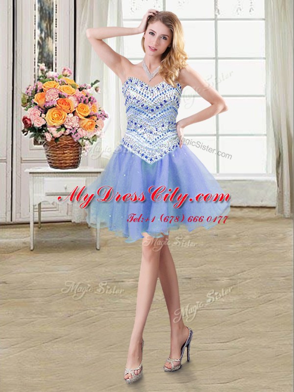 Dazzling A-line Dress for Prom Lavender Sweetheart Organza Sleeveless Mini Length Lace Up