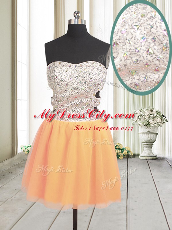 Sleeveless Tulle Mini Length Zipper Prom Dress in Orange with Beading and Sequins