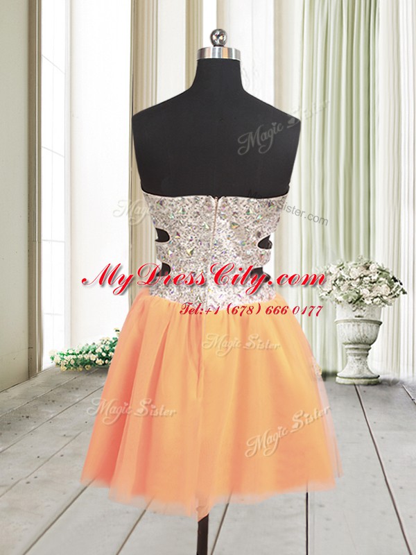 Sleeveless Tulle Mini Length Zipper Prom Dress in Orange with Beading and Sequins
