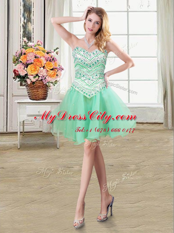 Decent Sleeveless Mini Length Beading Lace Up Evening Dress with Apple Green
