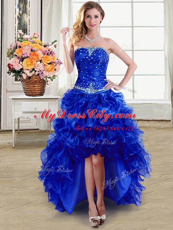 Fantastic High Low Royal Blue Strapless Sleeveless Lace Up
