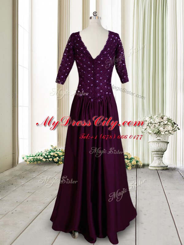 Dark Purple Zipper Beading and Lace and Hand Made Flower Prom Gown Elastic Woven Satin Half Sleeves