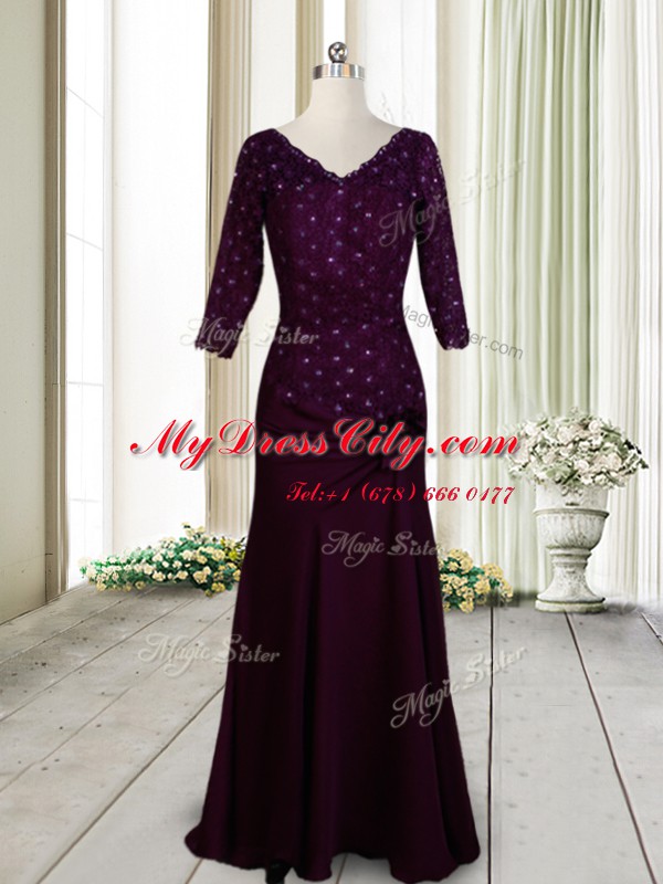 Dark Purple Zipper Beading and Lace and Hand Made Flower Prom Gown Elastic Woven Satin Half Sleeves