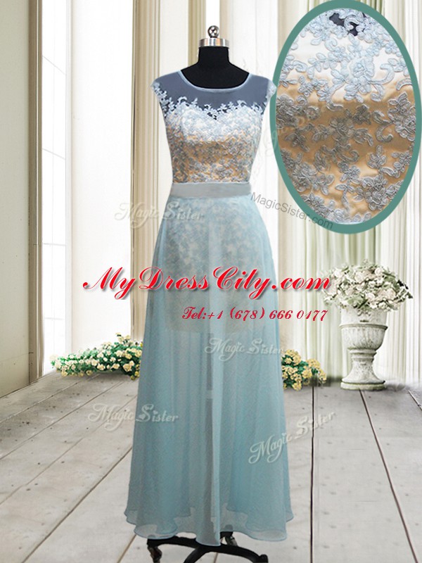 Dramatic Light Blue Prom Dress Prom and For with Lace Scoop Cap Sleeves Backless