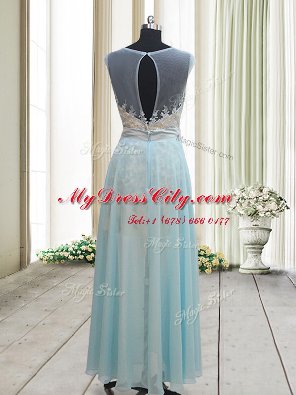 Dramatic Light Blue Prom Dress Prom and For with Lace Scoop Cap Sleeves Backless