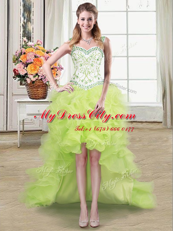 Designer Straps Sleeveless Organza Pageant Dress Womens Beading and Ruffles Lace Up
