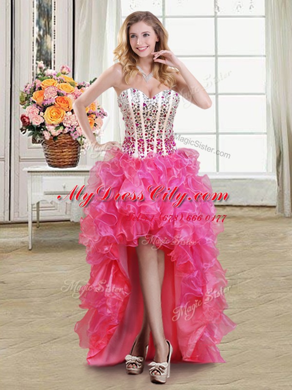 High End Ball Gowns Prom Gown Hot Pink Sweetheart Organza Sleeveless High Low Lace Up