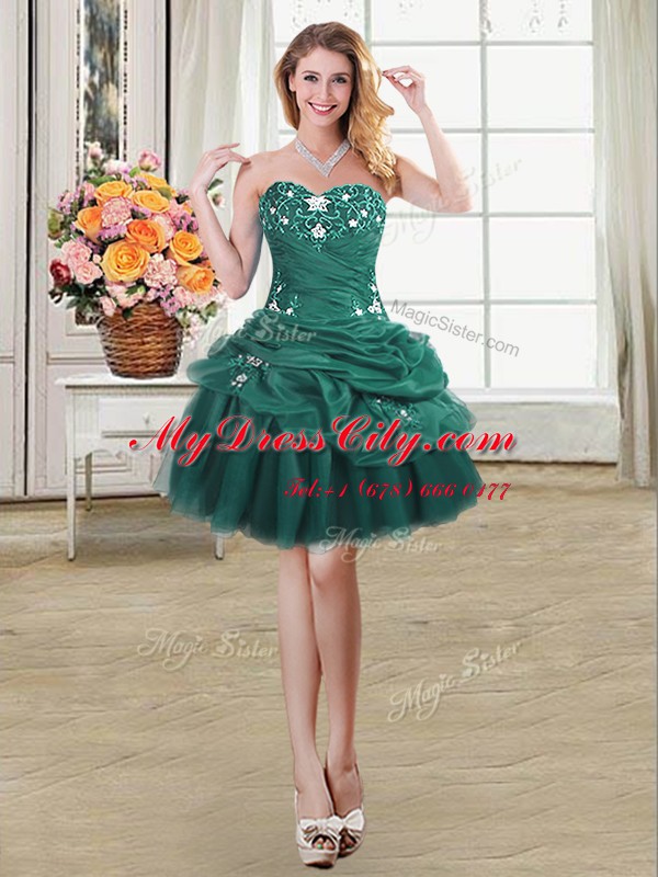 Discount Dark Green Organza Lace Up Sweetheart Sleeveless Mini Length Prom Gown Beading and Appliques and Pick Ups