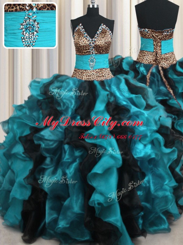Stunning Leopard Two Tone V-neck Sleeveless Organza Quinceanera Gown Beading and Ruffles Lace Up
