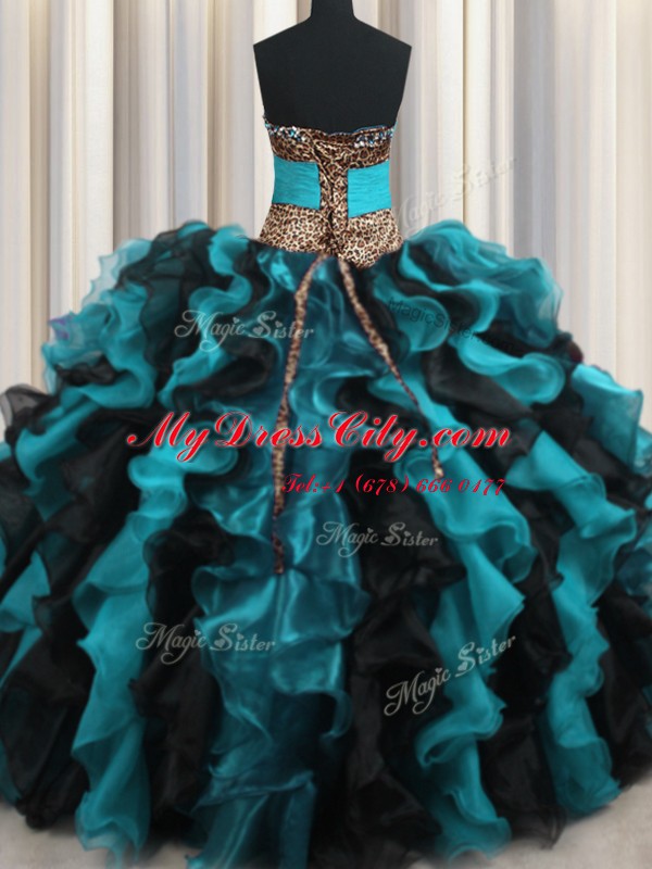 Stunning Leopard Two Tone V-neck Sleeveless Organza Quinceanera Gown Beading and Ruffles Lace Up