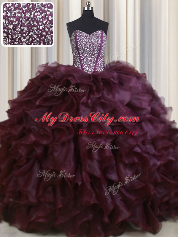 Superior Visible Boning With Train Lace Up Quince Ball Gowns Burgundy for Military Ball and Sweet 16 and Quinceanera with Beading and Ruffles Brush Train