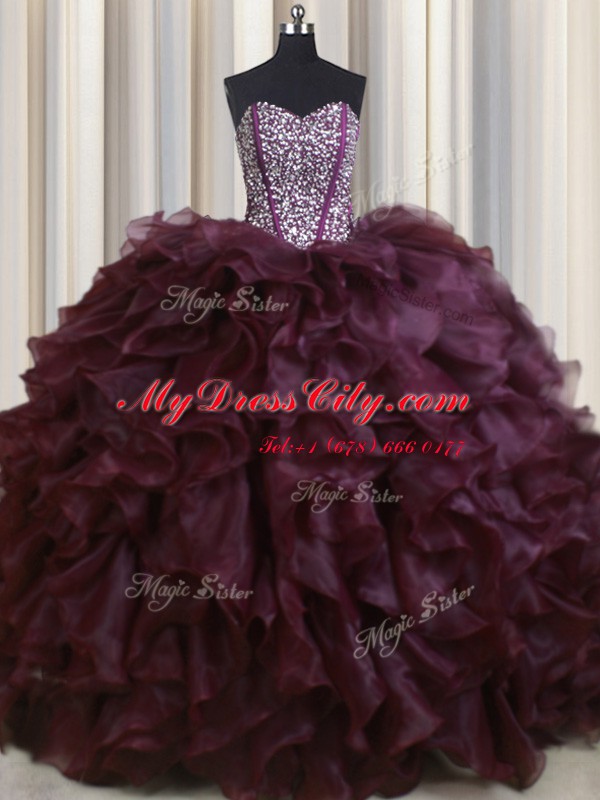 Superior Visible Boning With Train Lace Up Quince Ball Gowns Burgundy for Military Ball and Sweet 16 and Quinceanera with Beading and Ruffles Brush Train