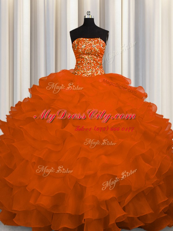 Sleeveless Beading and Ruffles Lace Up Quinceanera Dresses with Rust Red Sweep Train